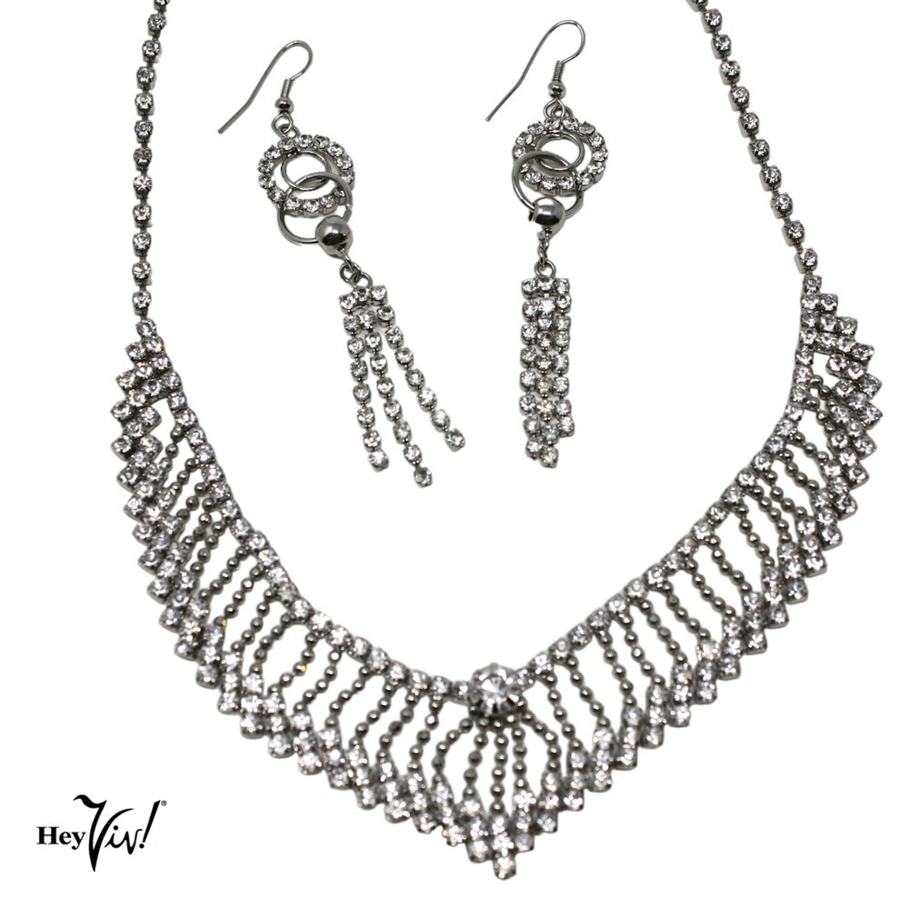 Vintage Bib Style Rhinestone Set Necklace and Pierced Dangle Earrings - Hey Viv